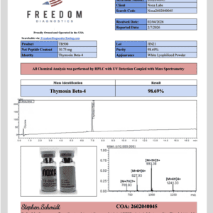 Laboratory analysis report for Noxa Labs, showcasing Thymosin Beta-4 purity.