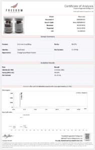 5-Amino-1MQ Noxa Labs supplement bottle with orange lyophilized powder, laboratory analysis report.