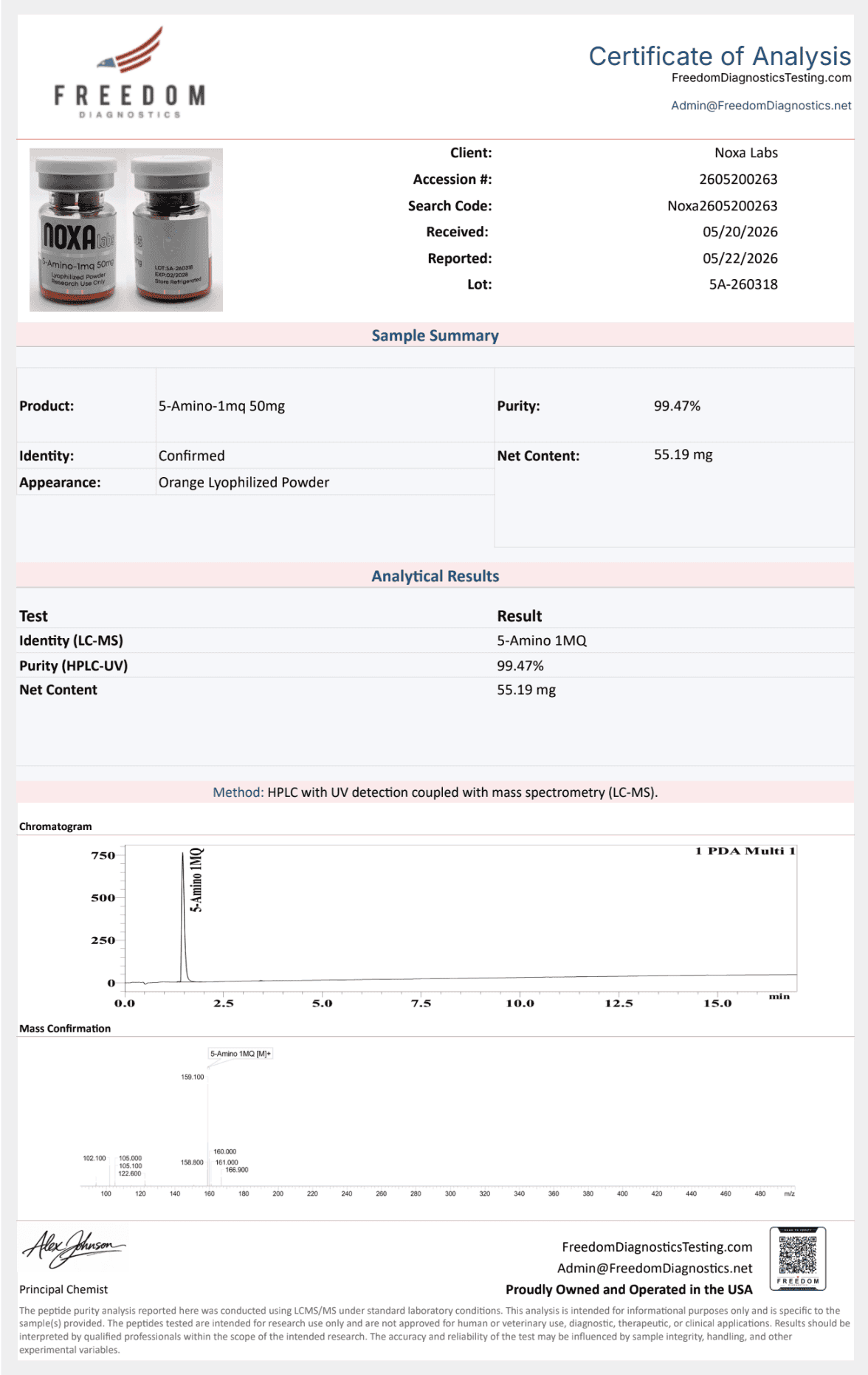 5-Amino-1MQ Noxa Labs supplement bottle with orange lyophilized powder, laboratory analysis report.