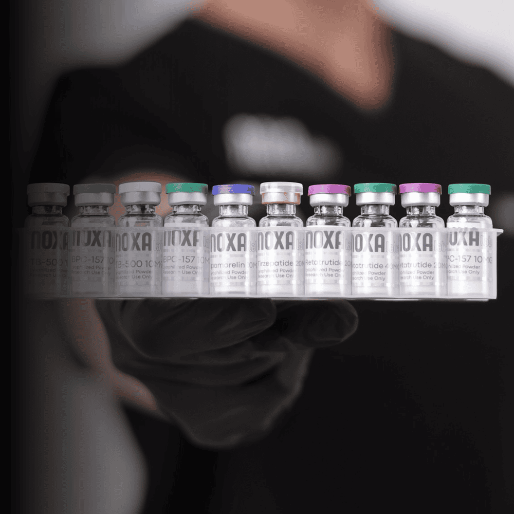 Noxa Labs peptide vials on a research tray