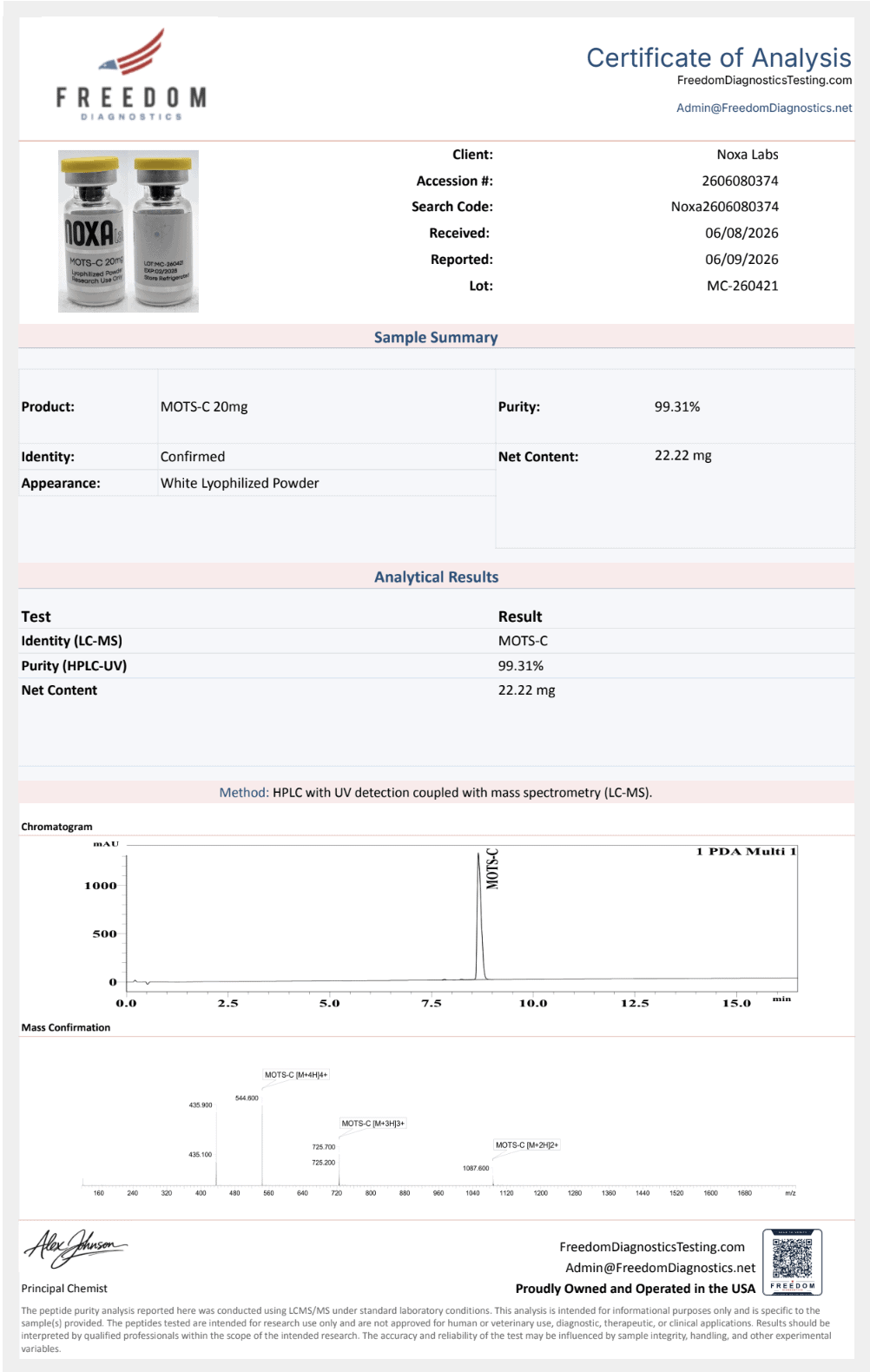 MOTS-C Laboratory analysis report for Noxa Labs sample showing purity content.